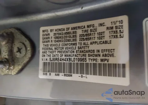 2011 Honda Cr-V Se z USA, uszkodzony, nr VIN 5J6RE4H4XBL019965